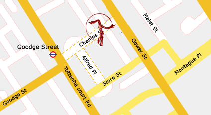 Map showing how to get to the Capoeira Agora classes in the Drill Hall from the Goodge Street underground station